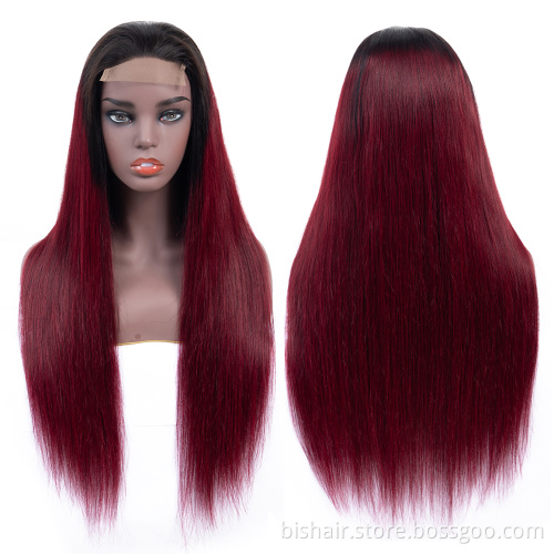 BIS Wholesale T1/99J Colored Straight Lace Front Wigs For Women with Burgundy Colored Brazilian Human Hair 4X4 Lace Closure Wigs
